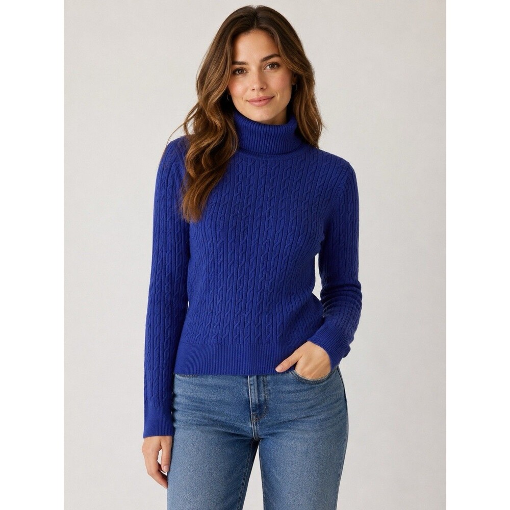 Talbots Pima Cotton Petites S Blue Fine Cable Knit Sweater Top Classic Warm